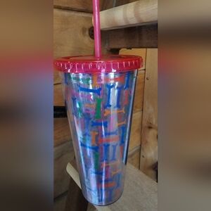 Colorful Dog Bone Pattern Tumbler with Pink Lid And Straw